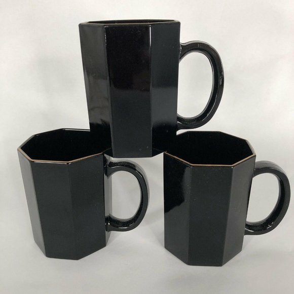 3 Arcoroc Black Shanghai Mugs Gold Trim Octime Octagon Made France Coffee Cups - Picture 1 of 6